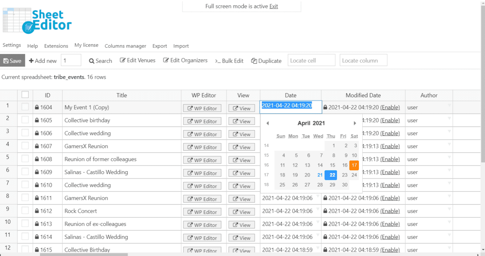 WP Sheet Editor Events