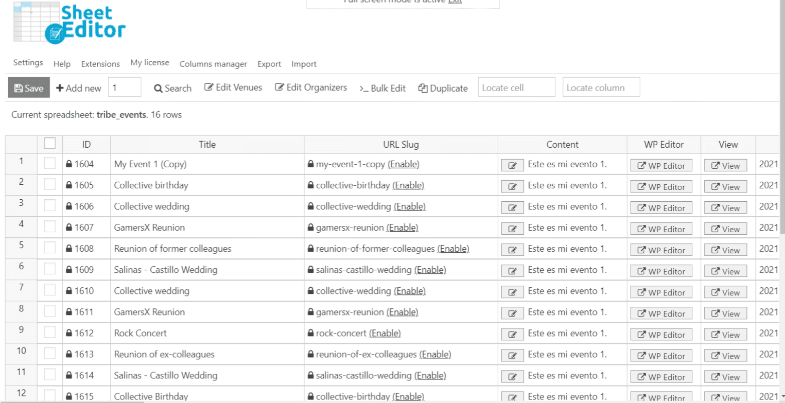 WP Sheet Editor Events Pro